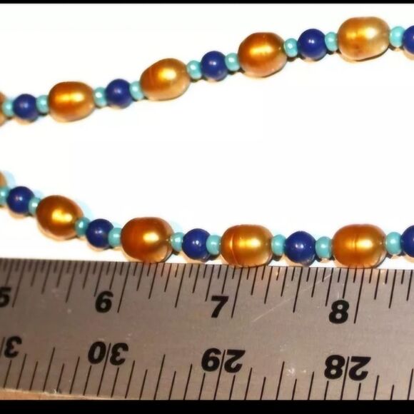 Semi Precious Gemstone & Pearl Beaded Necklace 17" Pendant 2" - Picture 2 of 3